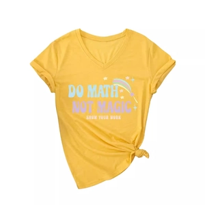 Yellow V-neck T-shirt with Do Math Not Magic print and knotted hem for women