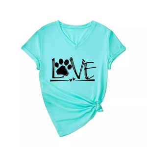 Women's V-neck mint green T-shirt with LOVE paw print design and stylish side knot detail