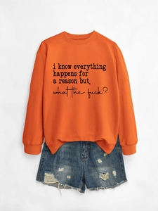 Orange crewneck sweatshirt and distressed denim shorts set with slogan print