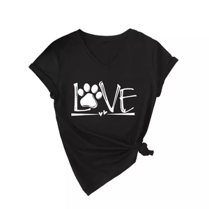 Black V-neck T-shirt for women with LOVE paw print design and front knot detail