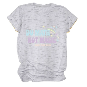 Detail of light grey cotton blend t-shirt featuring Do Math Not Magic graphic print
