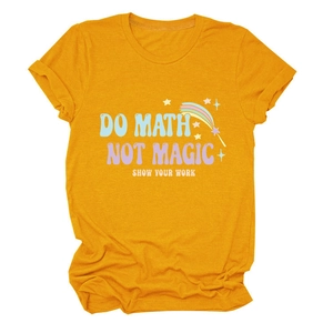 Detail of Do Math Not Magic slogan print on mustard yellow cotton blend t-shirt