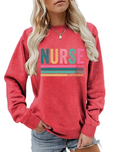 Close-up of the Nurse sweatshirt print featuring Caring Loyal Strong Compassionate text