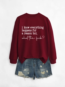 Burgundy crewneck sweatshirt with slogan and distressed blue denim shorts flat lay set