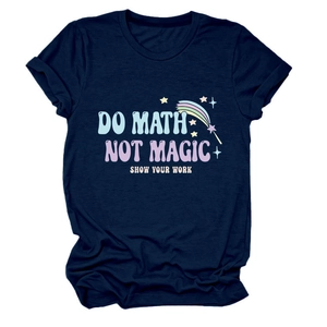 Detail of navy cotton T-shirt featuring DO MATH NOT MAGIC rainbow graphic print