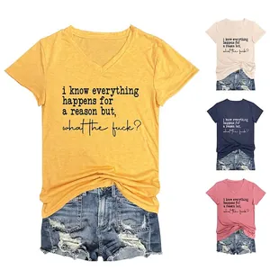 Damen T-Shirt Mit V-Ausschnitt Baumwollmischung Kurzarm Slogan-Druck Lässig Locker Geschnitten Sommer Top Für Damen