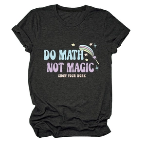 Detail of Do Math Not Magic slogan print and crew neck on a charcoal grey t-shirt