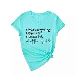 Minzgrünes T-Shirt mit V-Ausschnitt, Textprint und dekorativem Seitenknoten