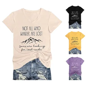 Women V Neck Short Sleeve T Shirt Cotton Blend Mountain Print Graphic Loose Casual Summer Top Not All Who Wander Lost