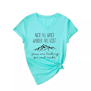 Mint green V-neck T-shirt with mountain print and knot hem, Not All Who Wander Are Lost