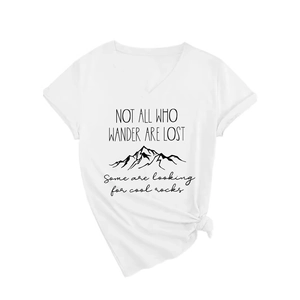 Women's white V-neck T-shirt with 'Not All Who Wander Are Lost' mountain print