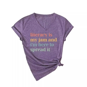 Women's V-neck dark purple T-shirt with Literacy Is My Jam print and side knot detail