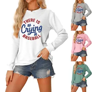 Felpa Donna E Pantaloncini Di Jeans Misto Cotone Girocollo Manica Lunga Stampa No Crying In Baseball Casual Streetwear