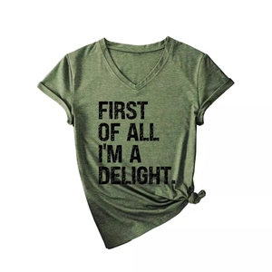 Army green V-neck T-shirt with First of All I'm a Delight print and knotted hem