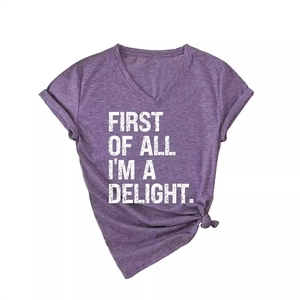 Purple V-neck T-shirt with 'First Of All I'm A Delight' print and side-tie knot