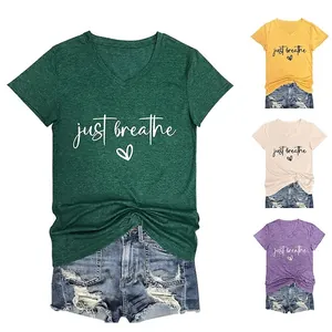 Women V Neck Short Sleeve T Shirt Just Breathe Letter Print Heart Graphic Casual Cotton Blend Loose Top Fashion