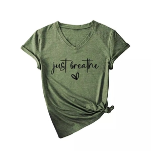 Olive green V-neck T-shirt for women featuring 'just breathe' heart print and side knot