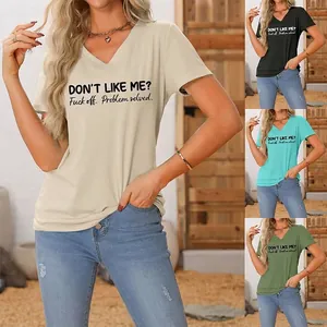 T-Shirt Femmes Col En V Mélange De Coton Imprimé Slogan Manches Courtes Nœud À L'Ourlet Streetwear Décontracté Été