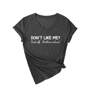 T-shirt col V gris anthracite avec imprimé à slogan, manches roulées et nœud frontal
