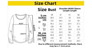 Detailed size chart for women's long sleeve T-shirt with metric and imperial measurements