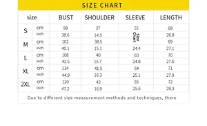 Detailed size guide table for long sleeve women's top from S to 2XL with measurements