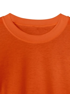Detail of the ribbed round neckline and neat stitching on this orange long sleeve T-shirt