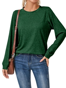 Detail of dark green heathered knit long sleeve tee paired with brown leather bag