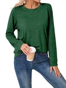 Detailed texture of long-sleeve dark green heather knit top for casual daily wear