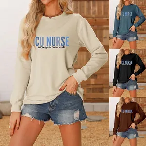 Women Sweatshirt Cotton Blend Crew Neck Long Sleeve ICU Nurse Print Intensive Care Unit Casual Fashion Streetwear Top