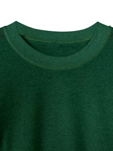 Close-up of the round neckline and fine stitching on dark green knit long sleeve top