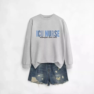 Casual light grey crewneck sweatshirt featuring ICU Nurse intensive care unit print