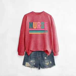 Nurse caring loyal printed sweatshirt paired with distressed blue denim shorts