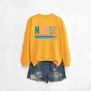 Yellow nurse sweatshirt with caring loyal strong print and distressed denim shorts set