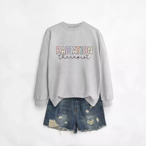 Women's light grey Radiation Therapist crewneck sweatshirt with distressed denim shorts set