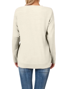 Back view of a beige long sleeve sweatshirt featuring ribbed cuffs and a minimalist design