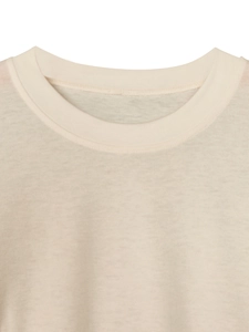 Detail of a round neck long sleeve T-shirt showing reinforced double stitching on the collar