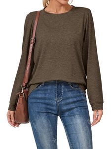 Detail of olive green long sleeve t-shirt with subtle marl texture and crew neck
