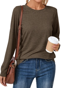Close-up of the fine heathered texture and stitching on this dark brown long sleeve tee