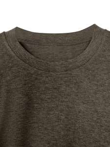 Close-up of the ribbed crew neck and high-quality double stitching on the dark grey t-shirt