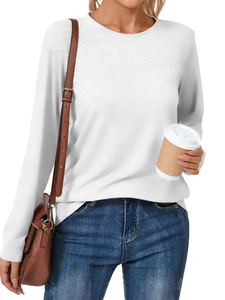 Detail view of a white long-sleeve crewneck top with soft cotton texture and casual fit