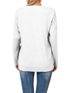 Rear view of white long sleeve sweatshirt with ribbed hem and soft cotton fabric