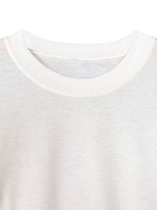 Detail of white crew neck t-shirt showing ribbed neckline and fine knit fabric texture