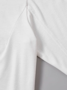 Detail of the high-quality double-needle stitching on white long-sleeve T-shirt underarm