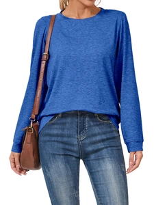 Close-up of royal blue long sleeve crewneck top with soft textured fabric and casual fit