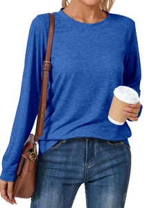 Detail of navy blue long sleeve t-shirt fabric texture and round neck on model