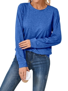 Close-up of heathered sapphire blue long sleeve tee fabric with ribbed cuff detail