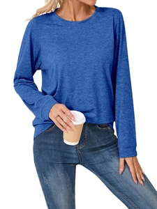 Detail of blue long-sleeve knit top showing fine texture and comfortable casual crewneck style