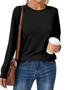 Detailed knit texture of a black long-sleeve crewneck top on a slim-fit female model