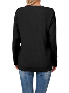Rear view of black long-sleeve crewneck sweatshirt with fine knit texture and fit design
