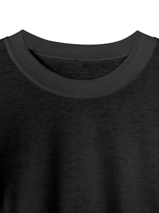 Close-up of the comfortable crew neck and cotton knit texture on a black long sleeve shirt